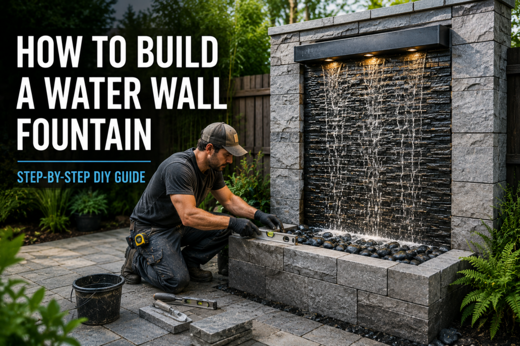 DIY water wall fountain construction with stone wall and waterfall feature