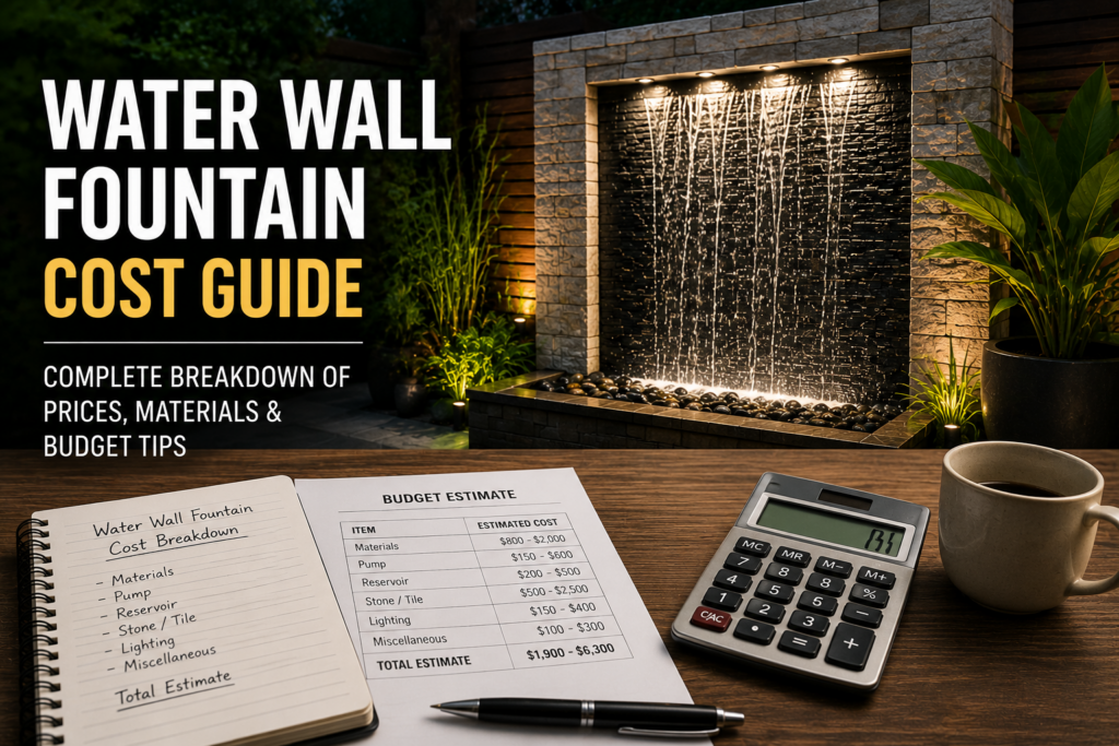 Custom water wall fountain project showing materials and construction costs