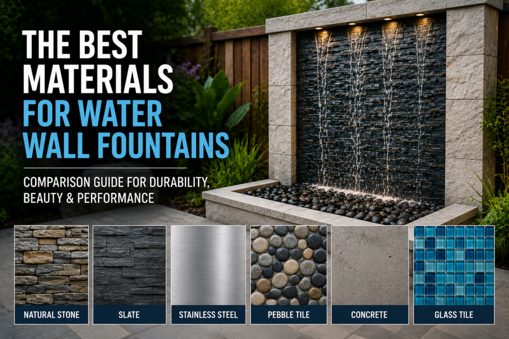 Stone and tile materials used to build a durable water wall fountain