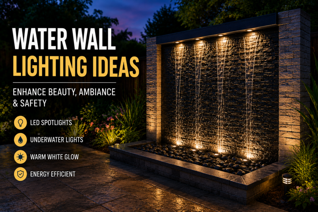 Creative LED lighting ideas for enhancing a water wall fountain at night
