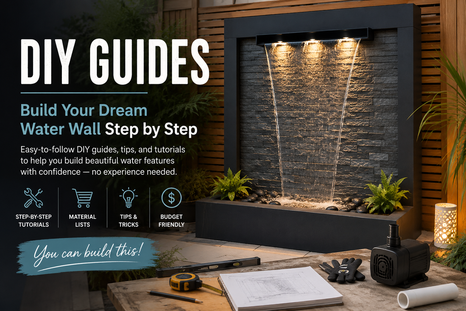 DIY water wall project guide featuring a modern water wall fountain, building tools, pump, lighting, and step-by-step tutorial resources.