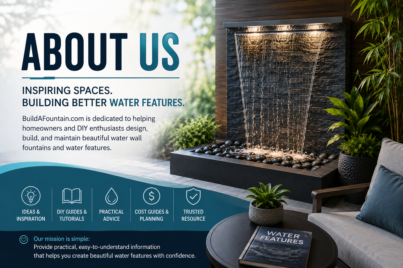 About BuildAFountain.com featuring a modern water wall fountain and resources for DIY water feature design, construction, and maintenance.