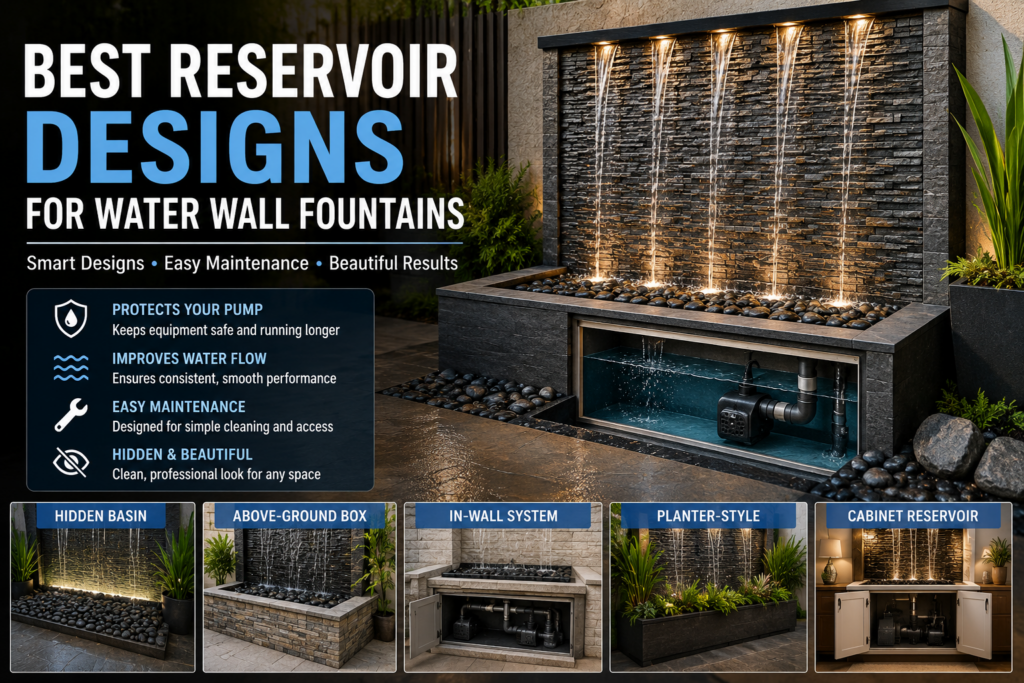 Best water wall fountain reservoir designs with hidden basin and pump access