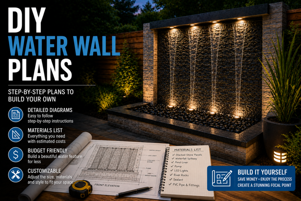 DIY water wall fountain plans with materials list and construction drawings