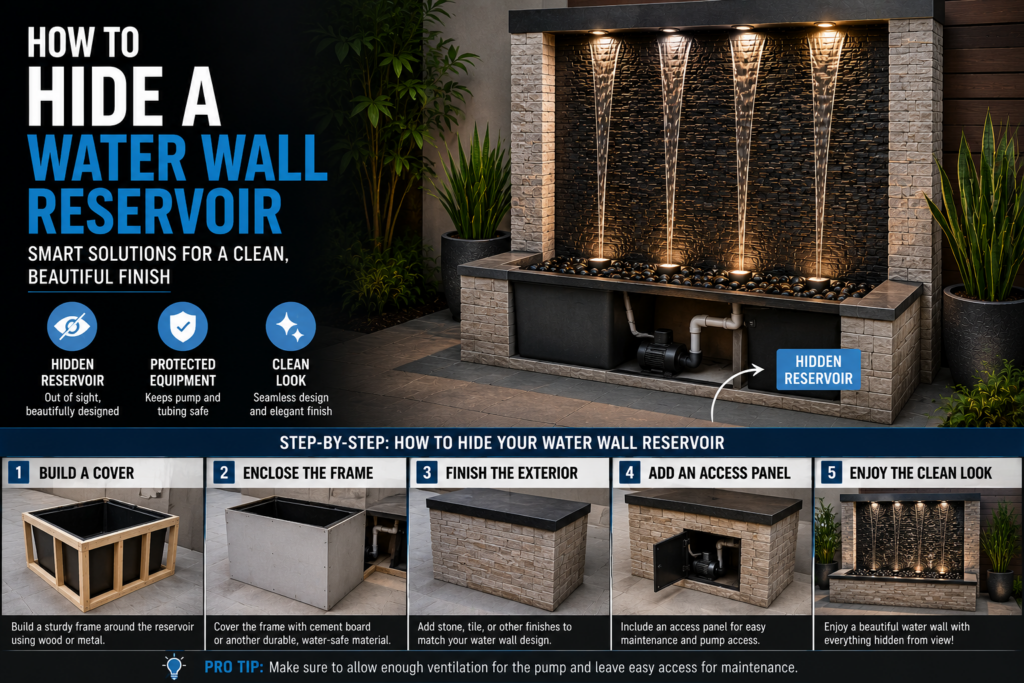 Hidden water wall fountain reservoir design with concealed pump and plumbing