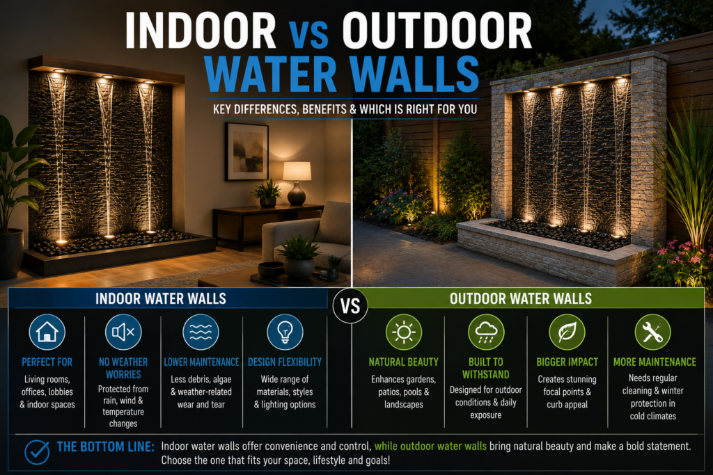 Comparison of indoor and outdoor water wall fountain designs and features
