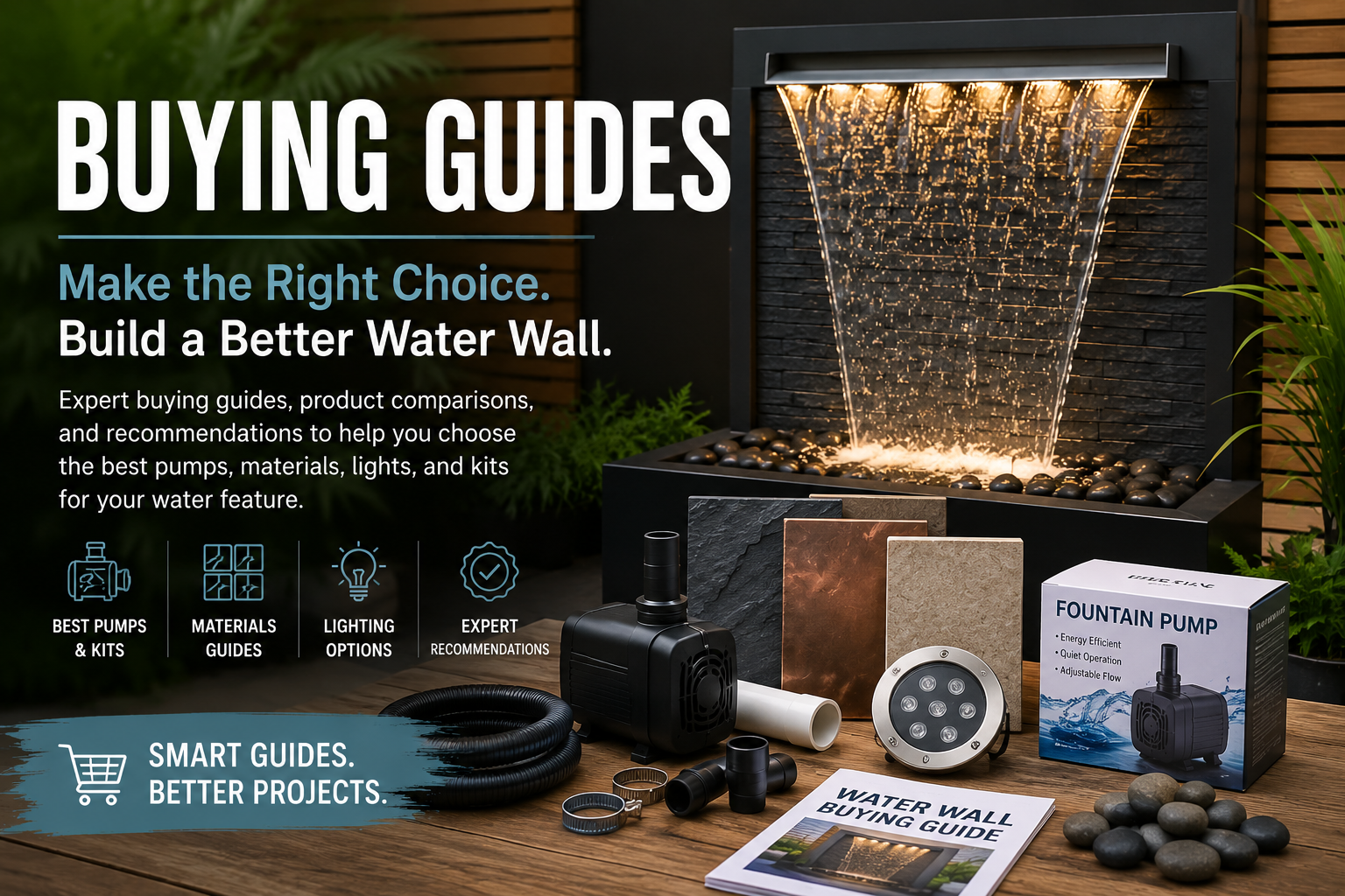 Water wall buying guide featuring fountain pumps, LED lighting, materials, and accessories for DIY water wall projects.