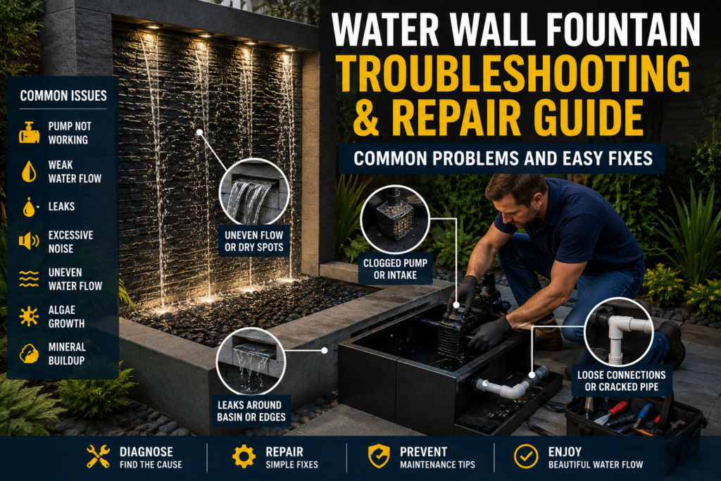 Water wall fountain troubleshooting and repair guide showing pump inspection and maintenance