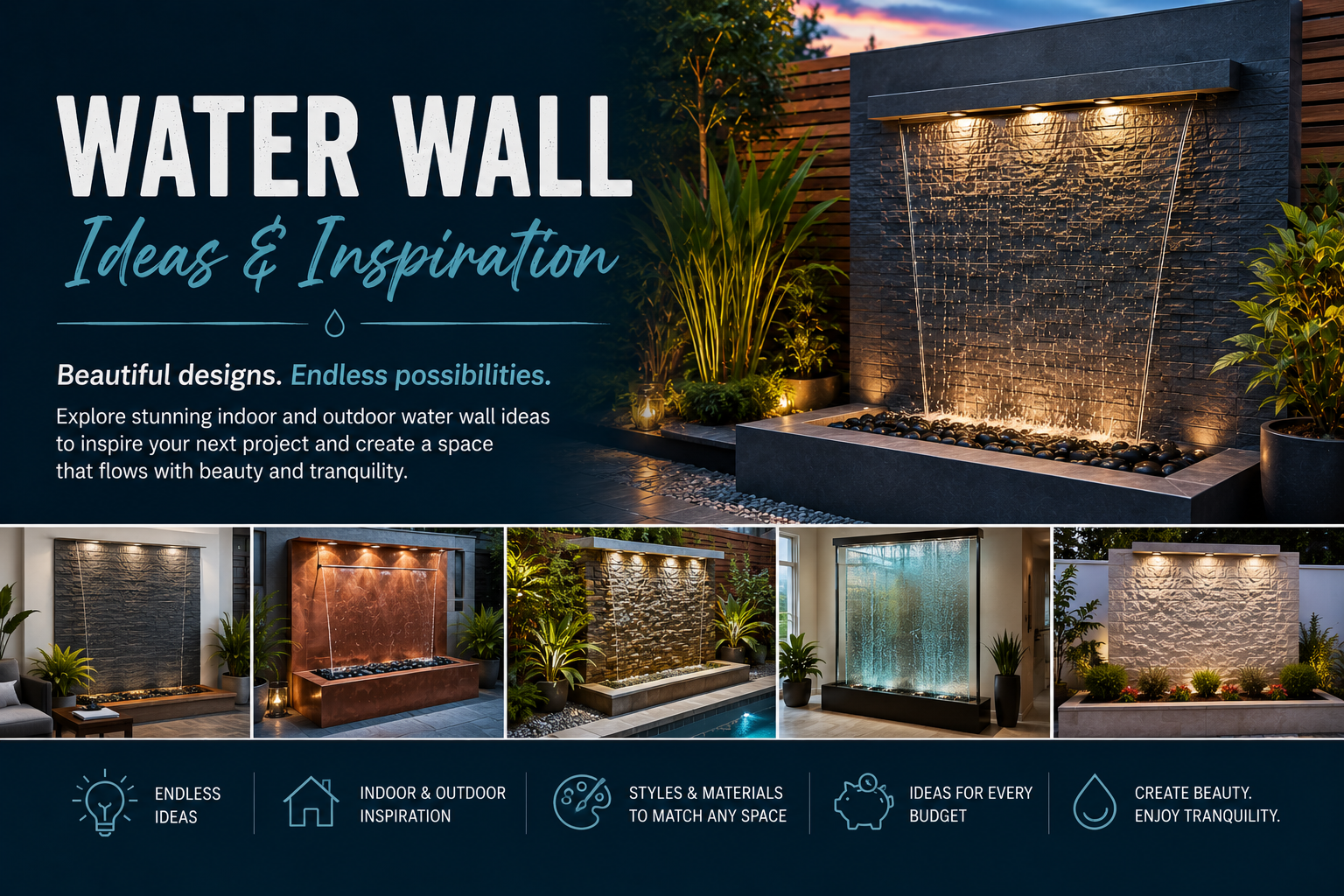Water wall ideas and inspiration featuring modern indoor and outdoor water wall designs, fountains, and decorative water features.