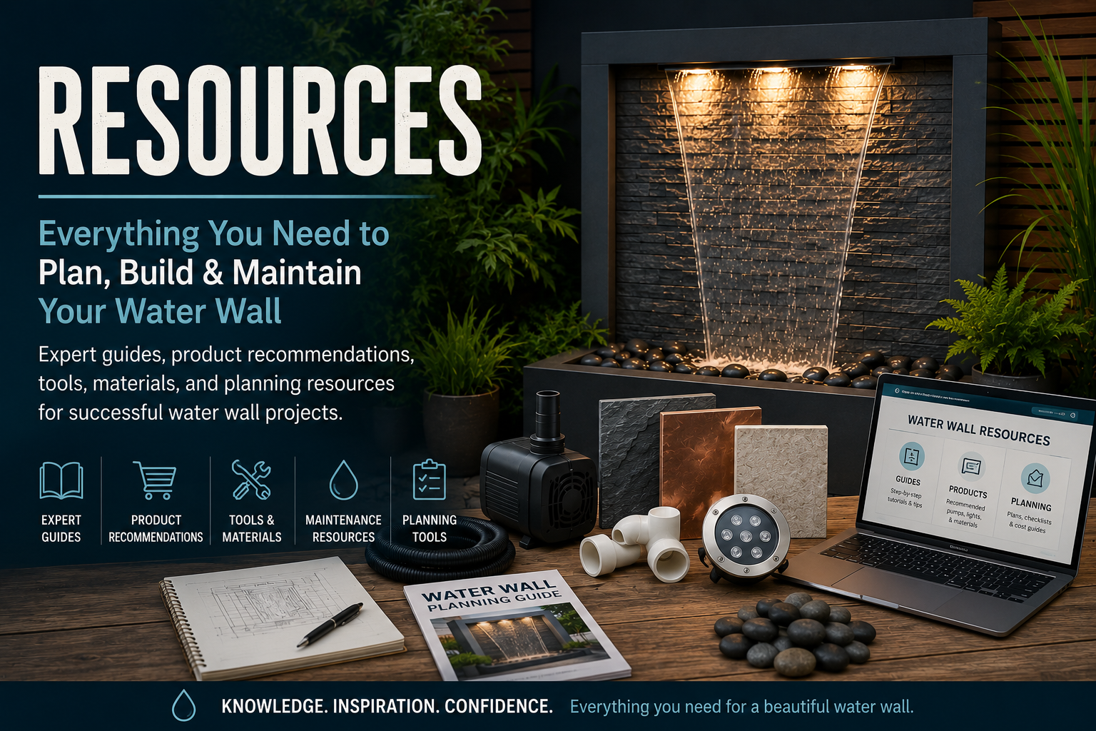 Water wall resources center featuring DIY guides, fountain pumps, lighting, materials, maintenance tips, and water feature planning resources.